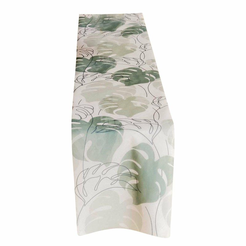 White Green Non-Woven Monstera Palm Leaf Print Table Runner, Spring Summer Kitchen Dining Table Decoration – 11″x108″  |   Stylish Stylish Monstera Palm Leaves Print