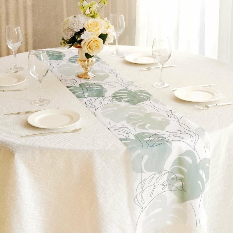 White Green Non-Woven Monstera Palm Leaf Print Table Runner, Spring Summer Kitchen Dining Table Decoration – 11″x108″  |   Stylish Stylish Monstera Palm Leaves Print