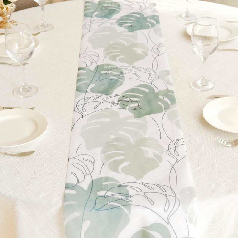 White Green Non-Woven Monstera Palm Leaf Print Table Runner, Spring Summer Kitchen Dining Table Decoration – 11″x108″  |   Stylish Stylish Monstera Palm Leaves Print