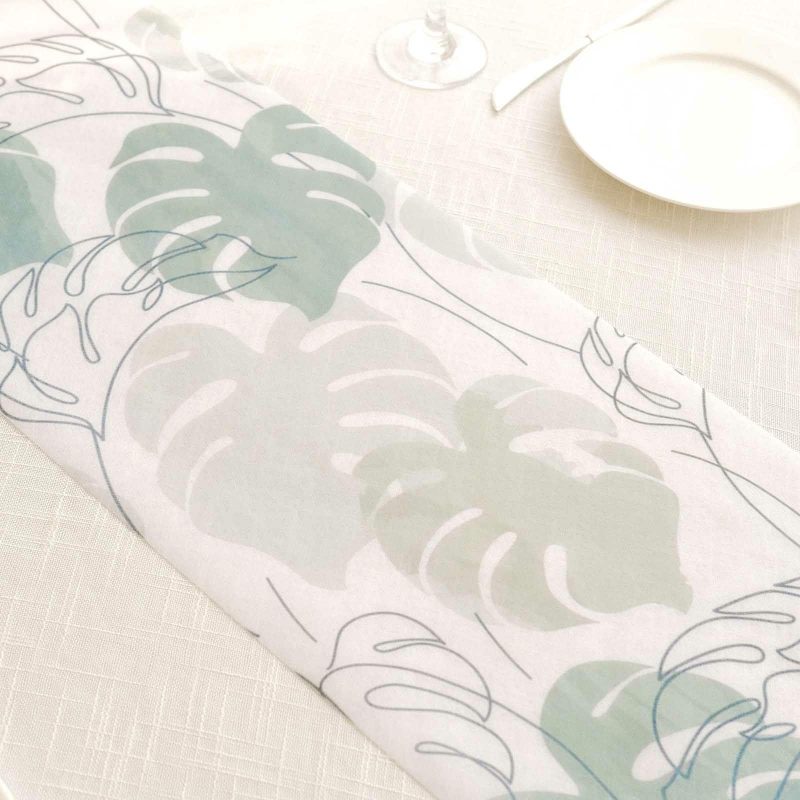 White Green Non-Woven Monstera Palm Leaf Print Table Runner, Spring Summer Kitchen Dining Table Decoration – 11″x108″  |   Stylish Stylish Monstera Palm Leaves Print