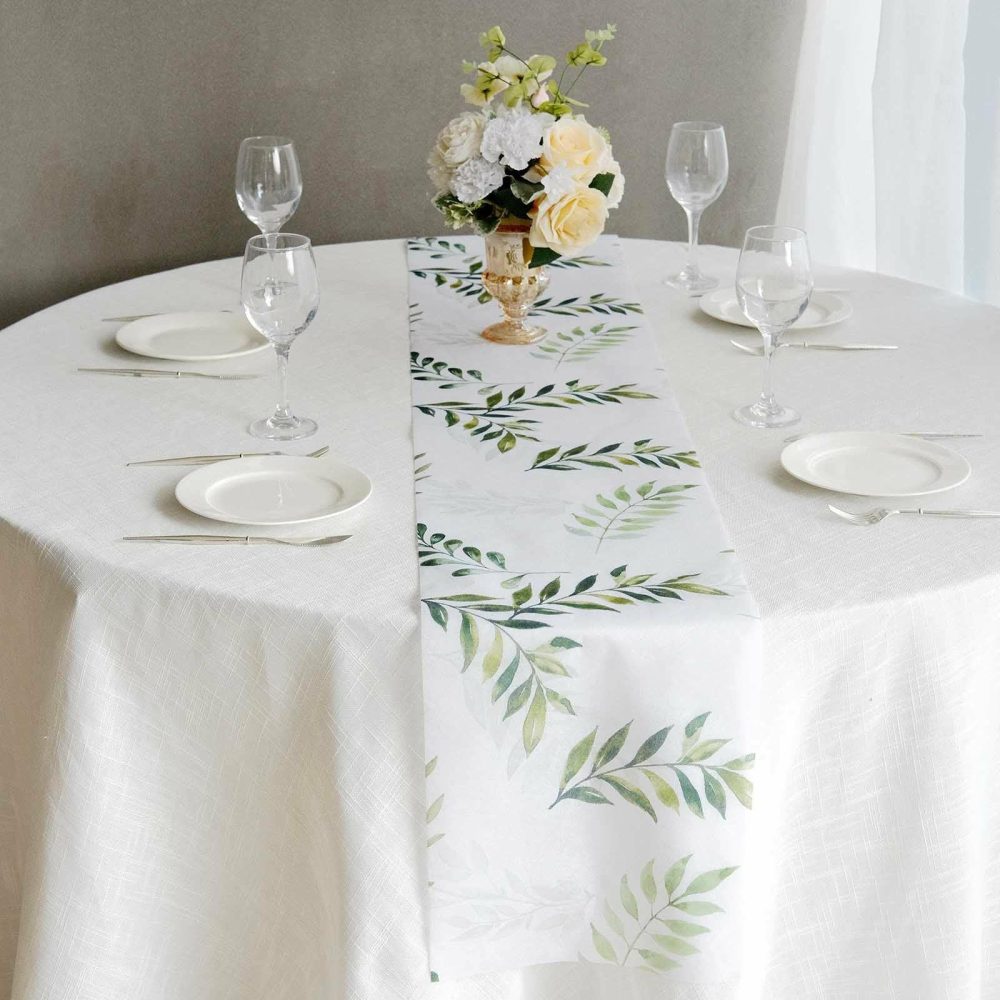 White Green Non-Woven Olive Leaf Print Table Runner, Spring Summer Kitchen Dining Table Decoration – 11″x108″  |   Stylish Stylish Olive Leaves Print