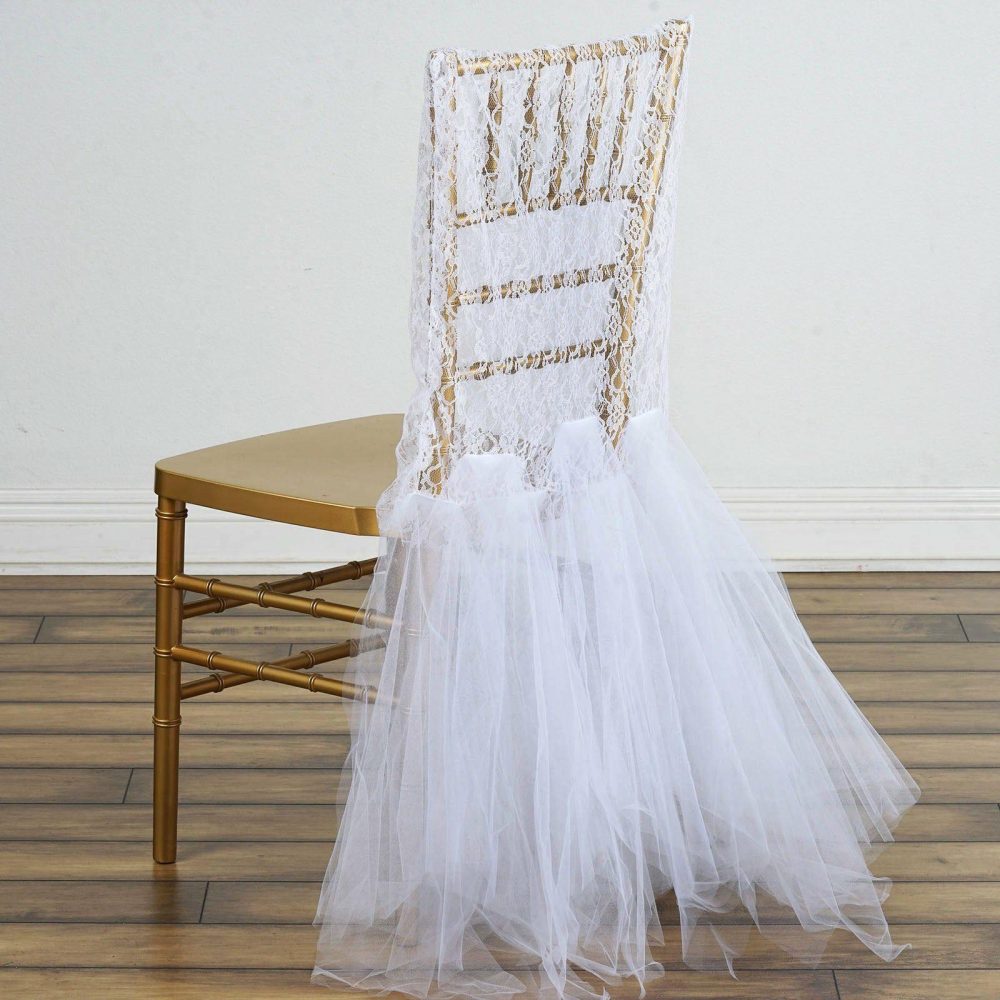 White Lace and Tulle Chair Tutu Cover Skirt, Wedding Event Chair Decor  |   Stylish Chair Sashes Stylish