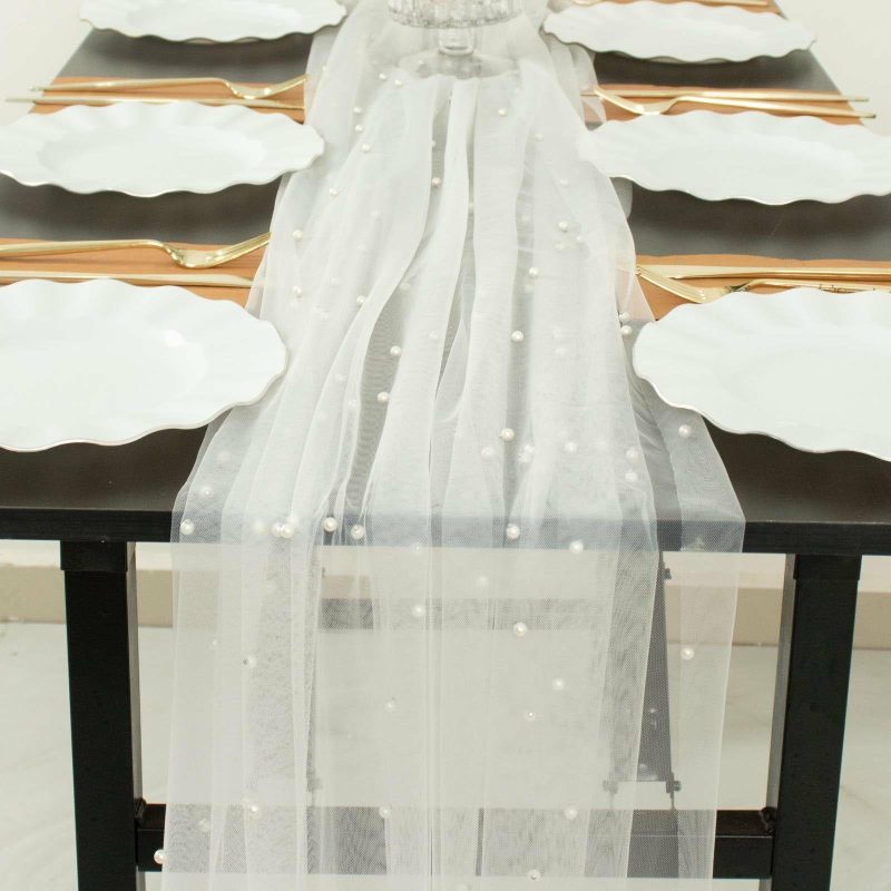 White Pearl Embellished Sheer Tulle Table Runner, Elegant Formal Table Linen 48″x120″  |   Stylish Stylish Stylish