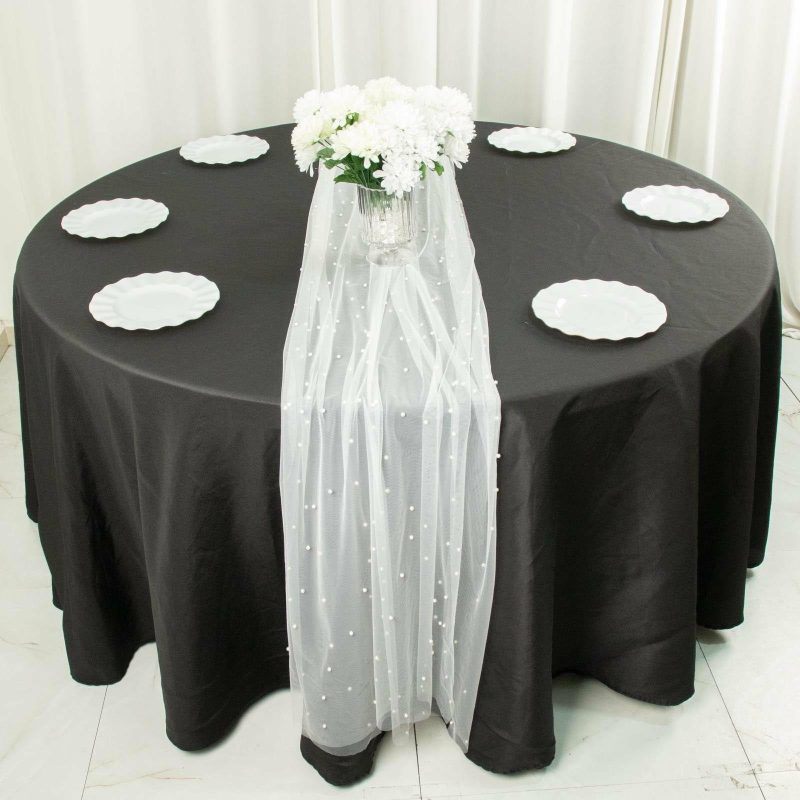 White Pearl Embellished Sheer Tulle Table Runner, Elegant Formal Table Linen 48″x120″  |   Stylish Stylish Stylish