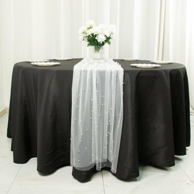 White Pearl Embellished Sheer Tulle Table Runner, Elegant Formal Table Linen 48″x120″  |   Stylish Stylish Stylish