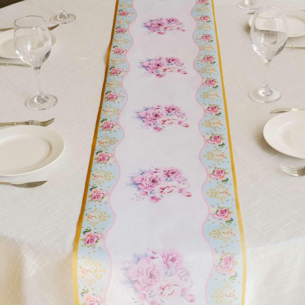 White Pink Non-Woven Peony Floral Print Table Runner with Gold Edges, Spring Summer Kitchen Dining Table Decoration – 11″x108″  |   Stylish Stylish Peony Floral Print w/ Gold Edge