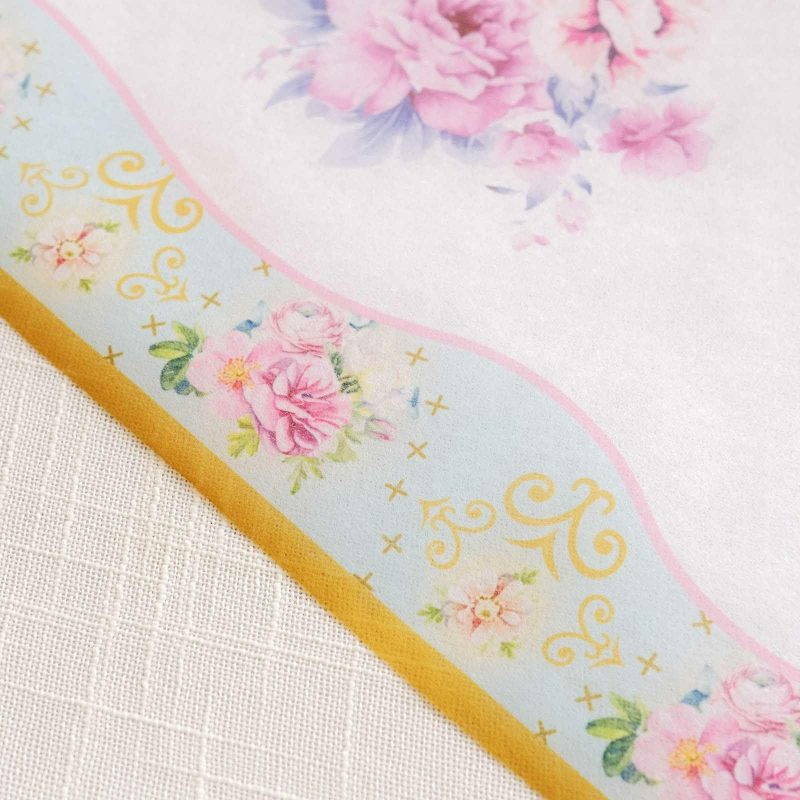 White Pink Non-Woven Peony Floral Print Table Runner with Gold Edges, Spring Summer Kitchen Dining Table Decoration – 11″x108″  |   Stylish Stylish Peony Floral Print w/ Gold Edge