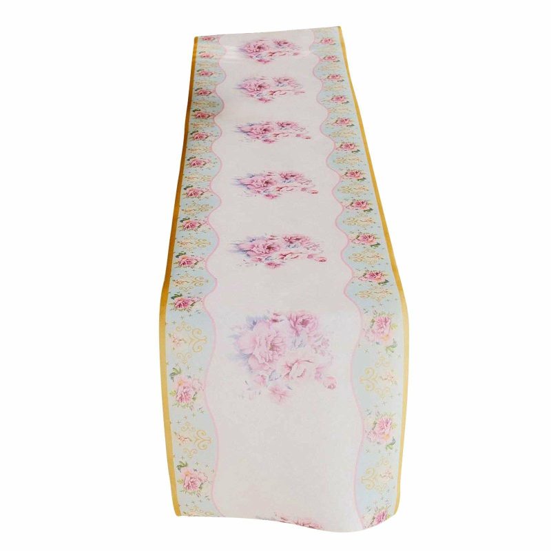 White Pink Non-Woven Peony Floral Print Table Runner with Gold Edges, Spring Summer Kitchen Dining Table Decoration – 11″x108″  |   Stylish Stylish Peony Floral Print w/ Gold Edge