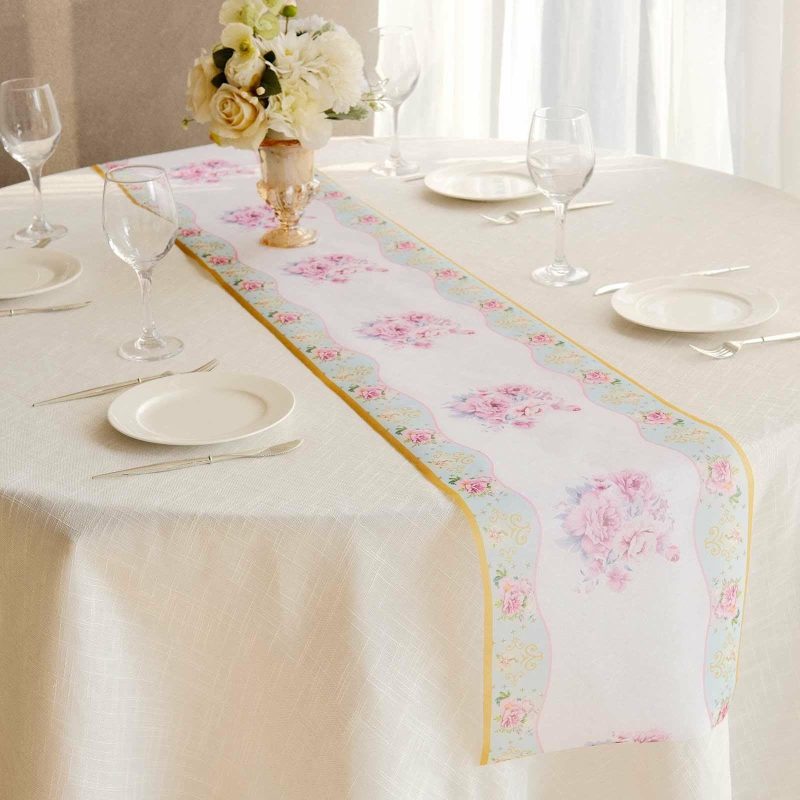 White Pink Non-Woven Peony Floral Print Table Runner with Gold Edges, Spring Summer Kitchen Dining Table Decoration – 11″x108″  |   Stylish Stylish Peony Floral Print w/ Gold Edge