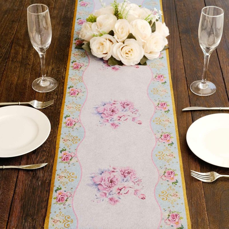 White Pink Non-Woven Peony Floral Print Table Runner with Gold Edges, Spring Summer Kitchen Dining Table Decoration – 11″x108″  |   Stylish Stylish Peony Floral Print w/ Gold Edge