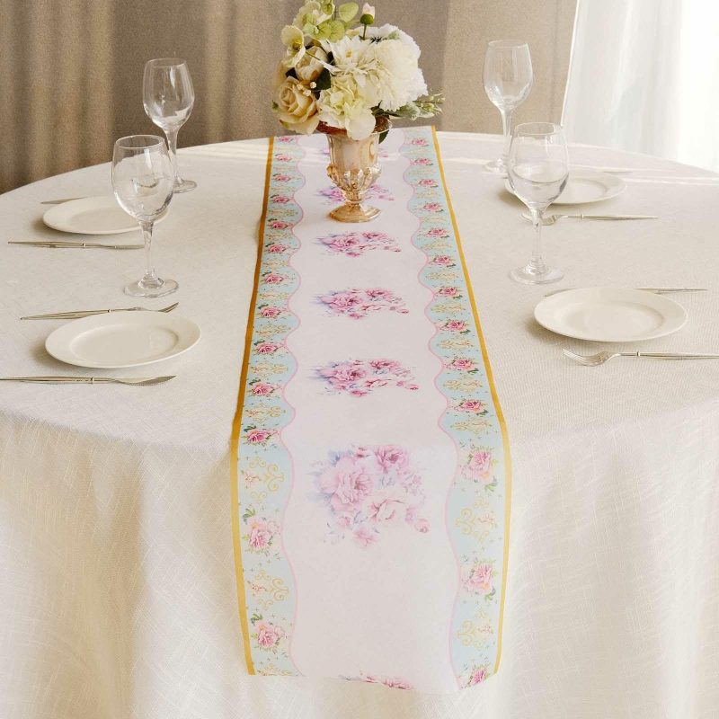 White Pink Non-Woven Peony Floral Print Table Runner with Gold Edges, Spring Summer Kitchen Dining Table Decoration – 11″x108″  |   Stylish Stylish Peony Floral Print w/ Gold Edge