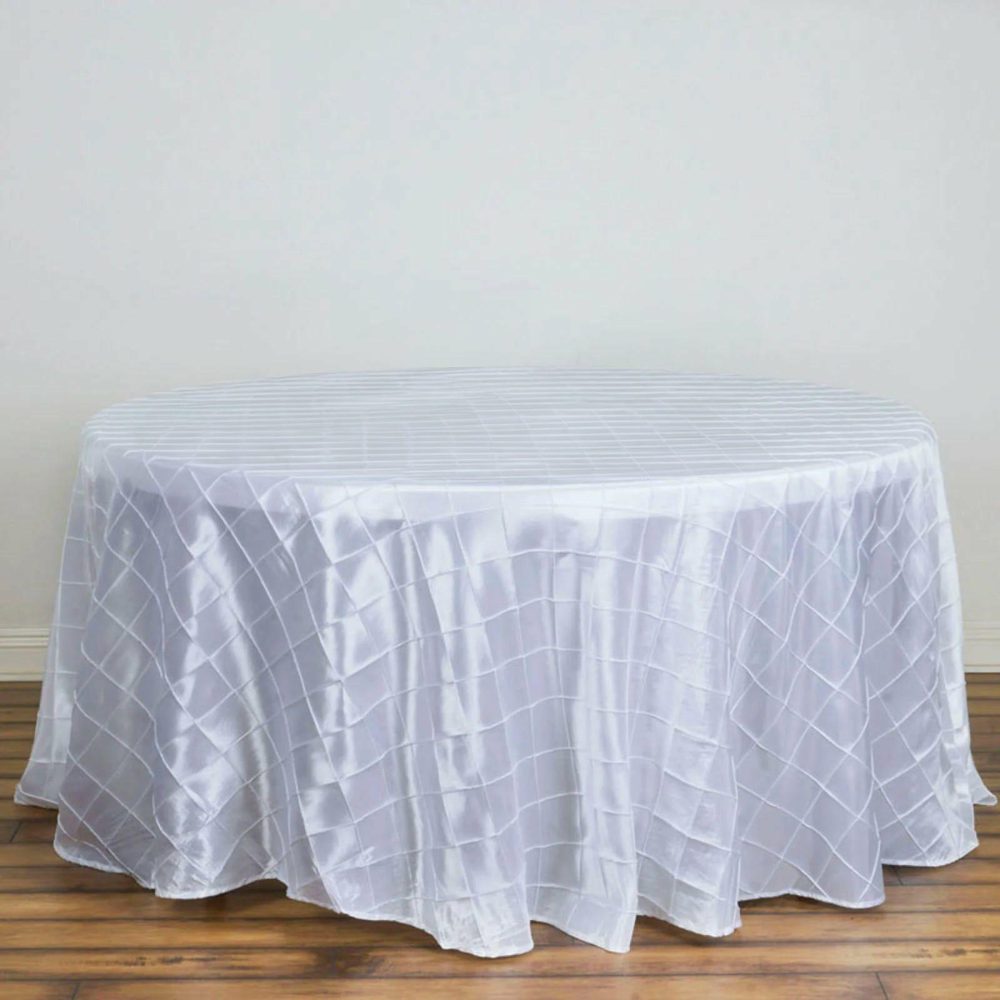 White Pintuck Round Seamless Tablecloth 120″ for 5 Foot Table With Floor-Length Drop  |   Pintuck, Crinkle & Leaf Pintuck, Crinkle & Leaf Pintuck, Crinkle & Leaf