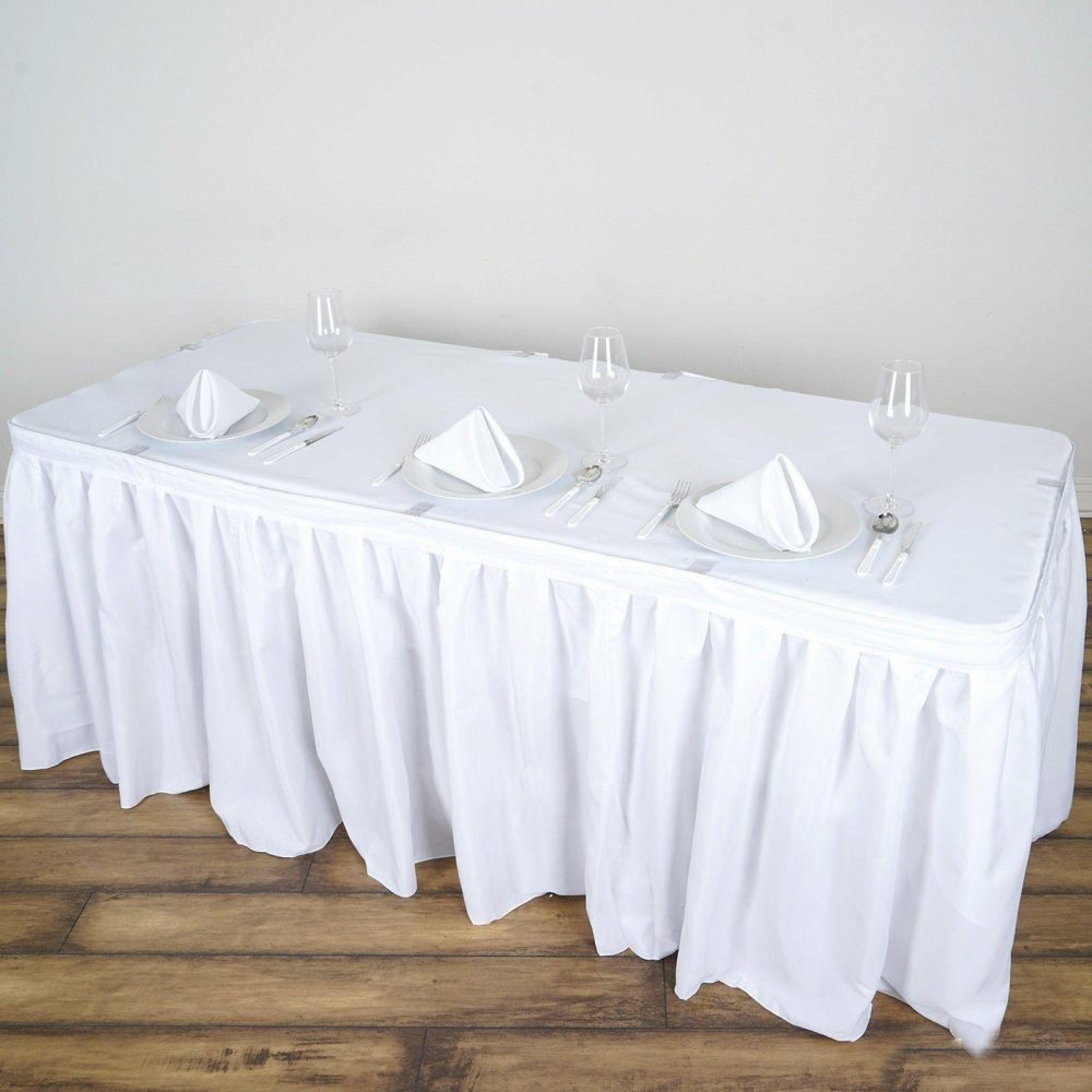 White Pleated Polyester Table Skirt, Banquet Folding Table Skirt 14ft  |   Polyester Polyester Polyester