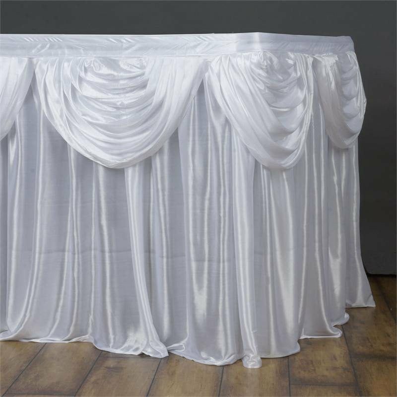 White Pleated Satin Double Drape Table Skirt 21ft  |   Satin Shimmer Satin Shimmer Satin Shimmer