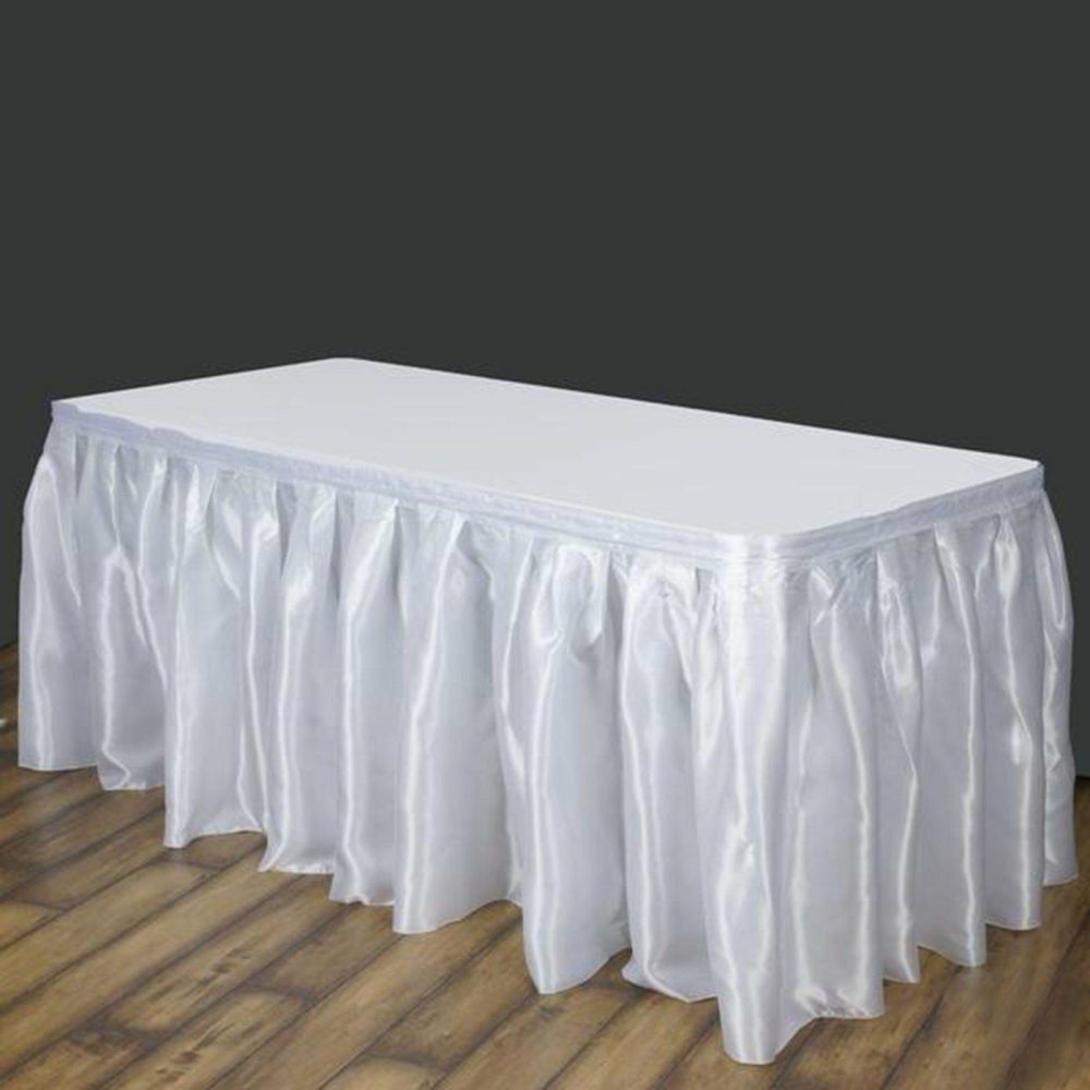 White Pleated Satin Table Skirt 14ft  |   Satin Shimmer Satin Shimmer Satin Shimmer