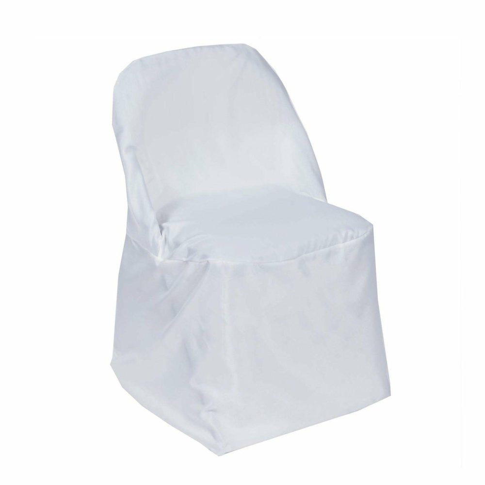 White Polyester Folding Chair Cover, Reusable Stain Resistant Slip On Chair Cover  |   Polyester & Satin Folding Chair Covers Polyester & Satin