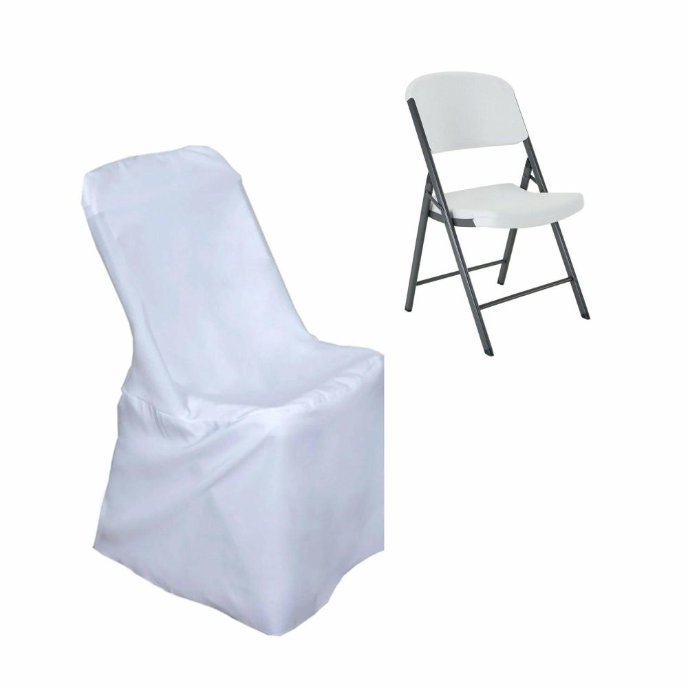 White Polyester Lifetime Folding Chair Covers, Durable Reusable Slip On Chair Covers  |   Polyester & Satin Folding Chair Covers Polyester & Satin