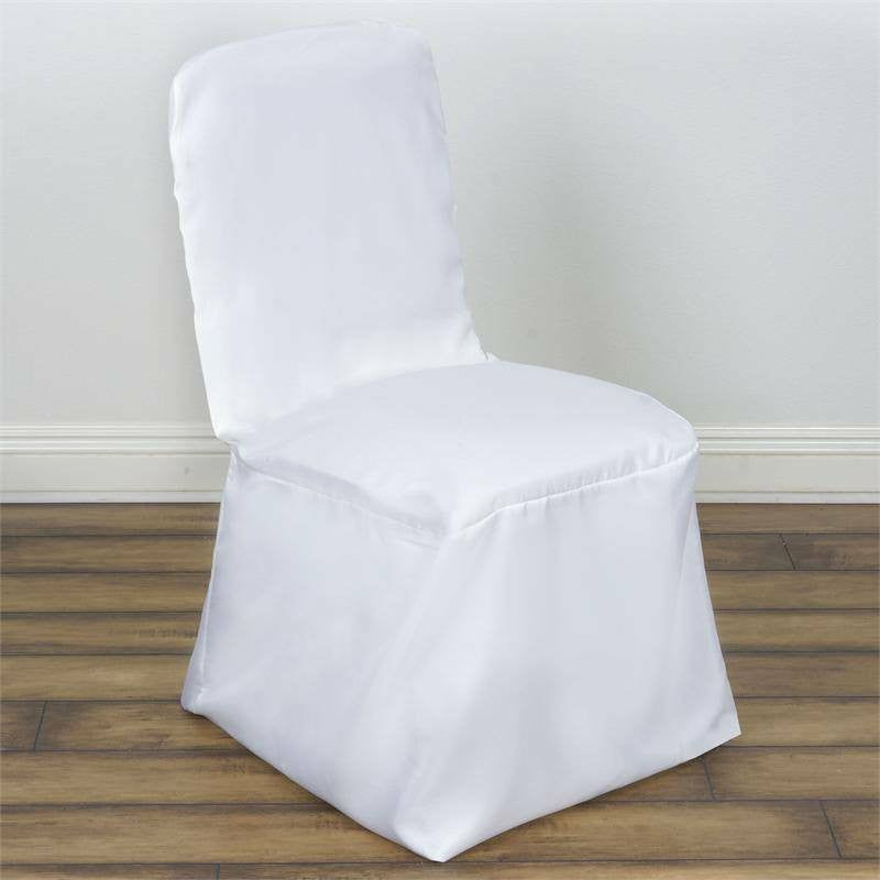 White Polyester Square Top Banquet Chair Cover, Reusable Slip On Chair Cover  |   Polyester & Satin Banquet Chair Covers Polyester & Satin