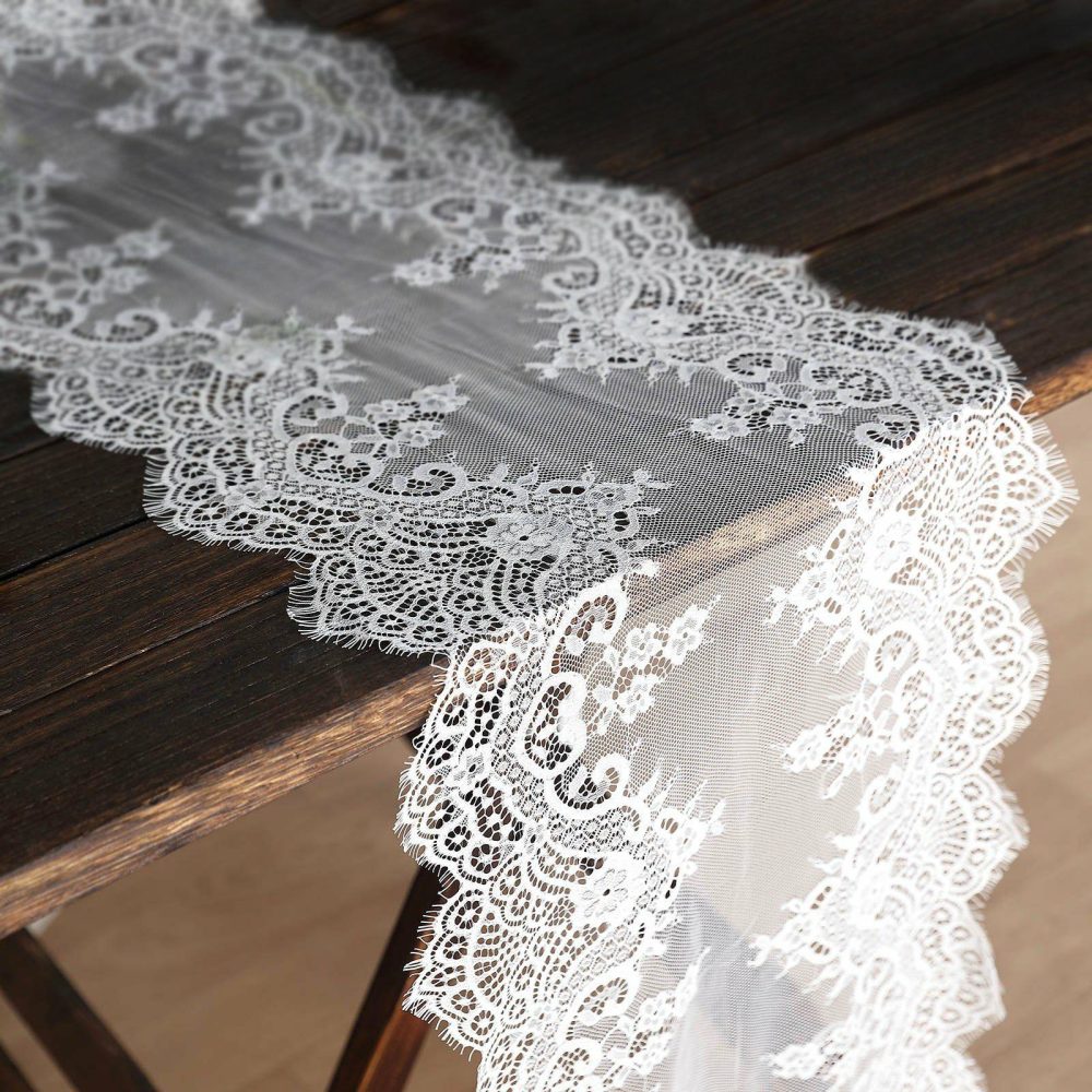 White Premium Lace Table Runner, Vintage Classy Rustic Runner Decor With Scalloped Frill Edges 15″x117″  |   Jute Burlap & Lace Jute Burlap & Lace Jute Burlap & Lace