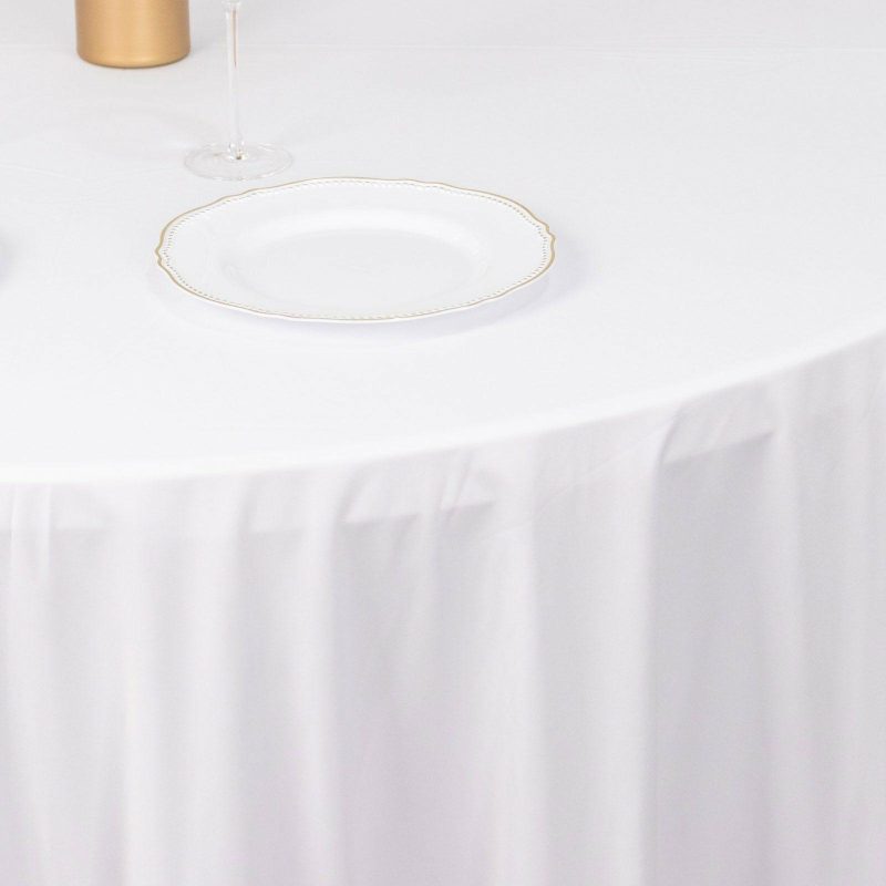 White Premium Scuba Round Tablecloth, Wrinkle Free Polyester Seamless Tablecloth 132″ for 6 Foot Table With Floor-Length Drop  |   Polyester Polyester Polyester