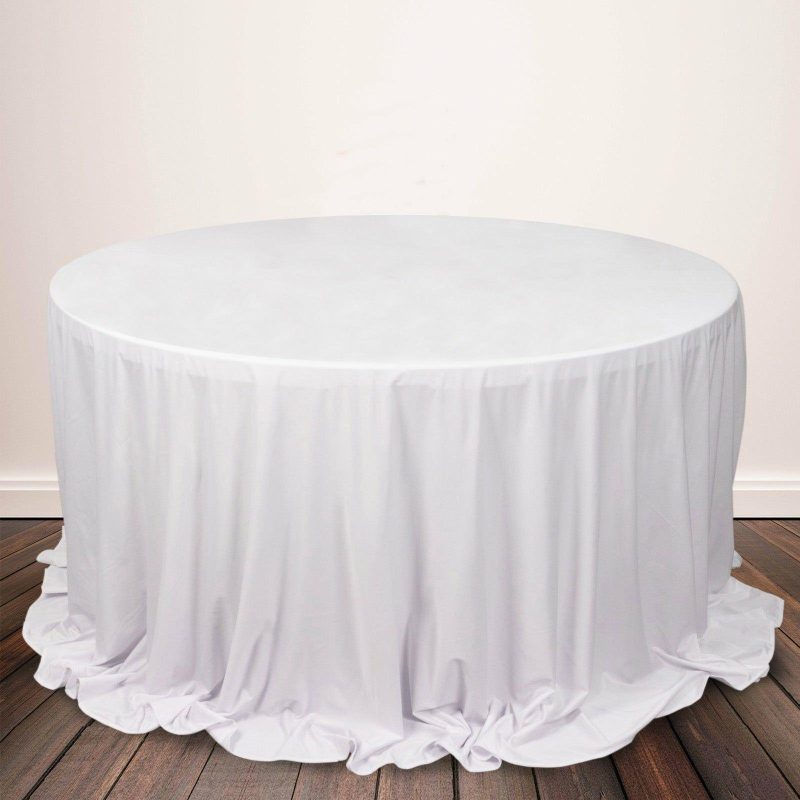 White Premium Scuba Round Tablecloth, Wrinkle Free Polyester Seamless Tablecloth 132″ for 6 Foot Table With Floor-Length Drop  |   Polyester Polyester Polyester