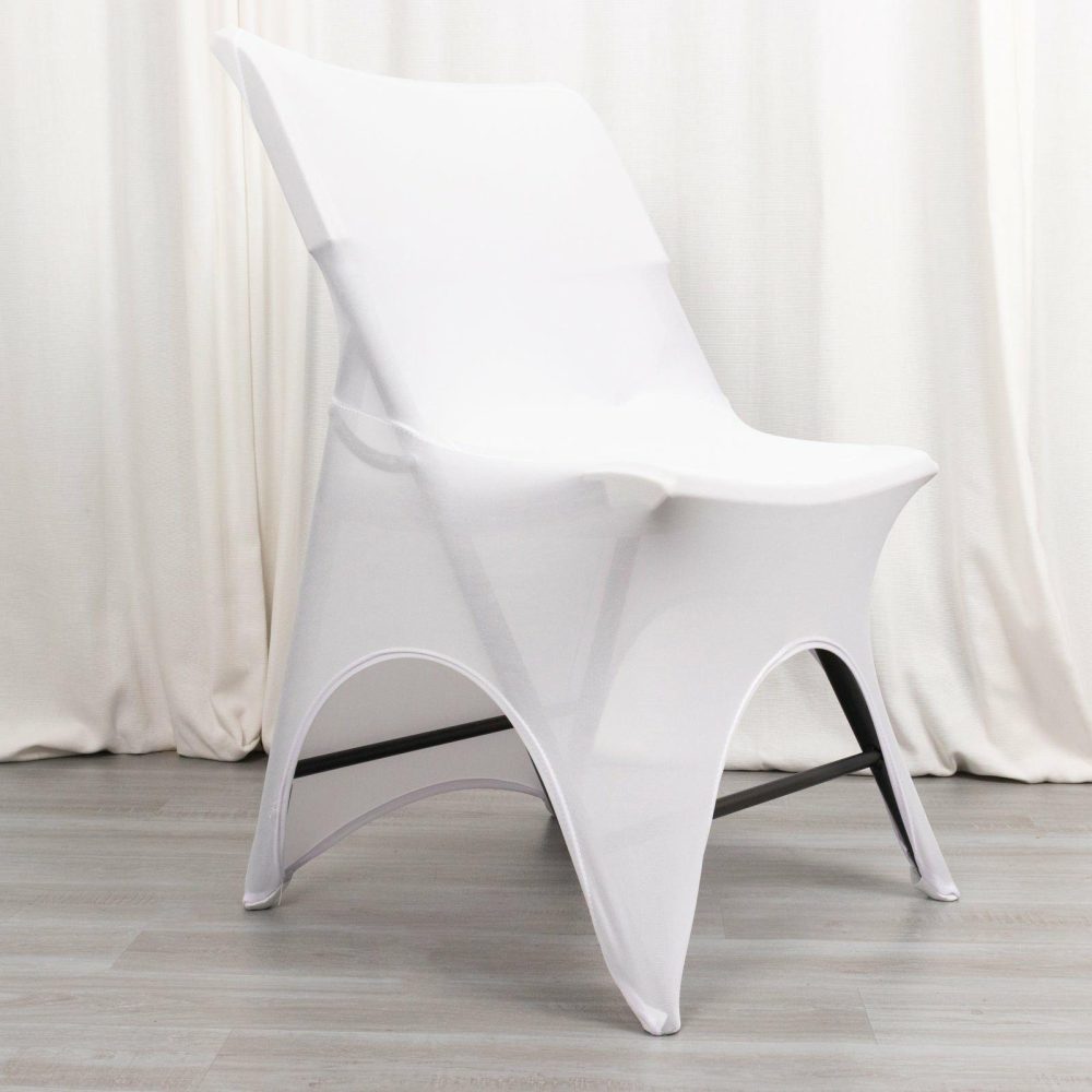 White Premium Spandex Folding Chair Cover With 3-Way Open Arch, Fitted Stretched Wedding Chair Cover with Foot Pockets 160 GSM  |   Spandex Fitted Folding Chair Covers Spandex & Fitted