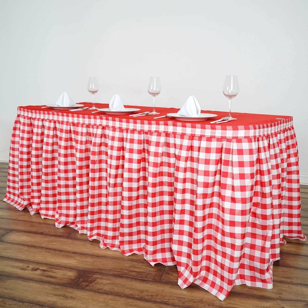 White / Red Checkered Polyester Table Skirt, Buffalo Plaid Gingham Table Skirt 14ft  |   Polyester Polyester Polyester