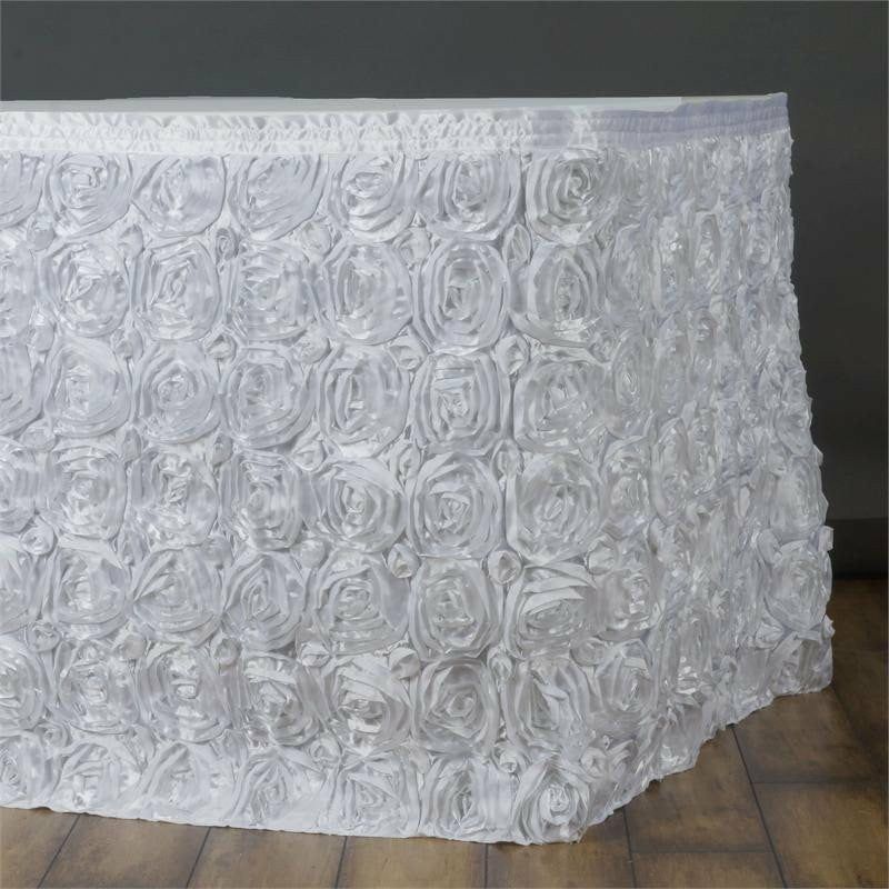 White Rosette 3D Satin Table Skirt 21ft  |   Satin Shimmer Satin Shimmer Satin Shimmer