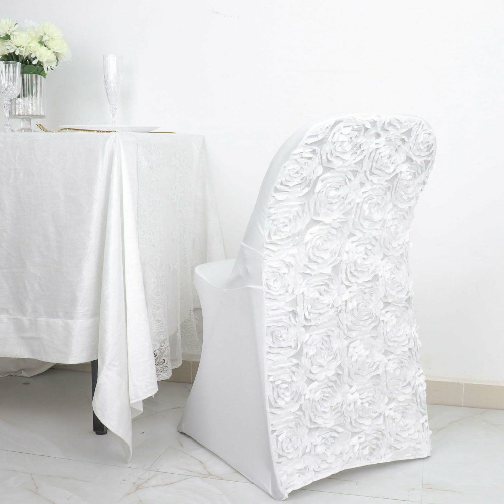 White Satin Rosette Spandex Stretch Fitted Folding Chair Cover  |   Spandex Fitted Folding Chair Covers Spandex & Fitted