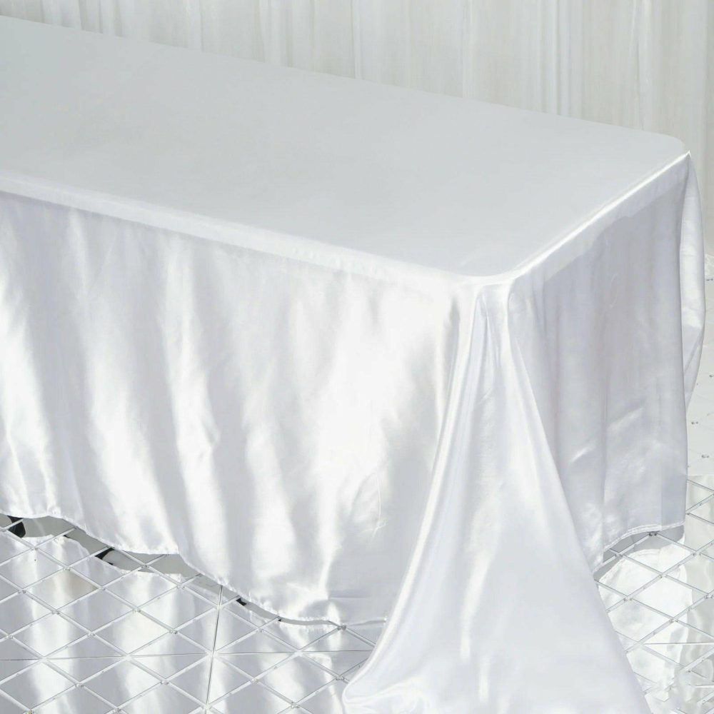 White Satin Seamless Rectangular Tablecloth 90″x132″ for 6 Foot Table With Floor-Length Drop  |   Satin Satin Satin