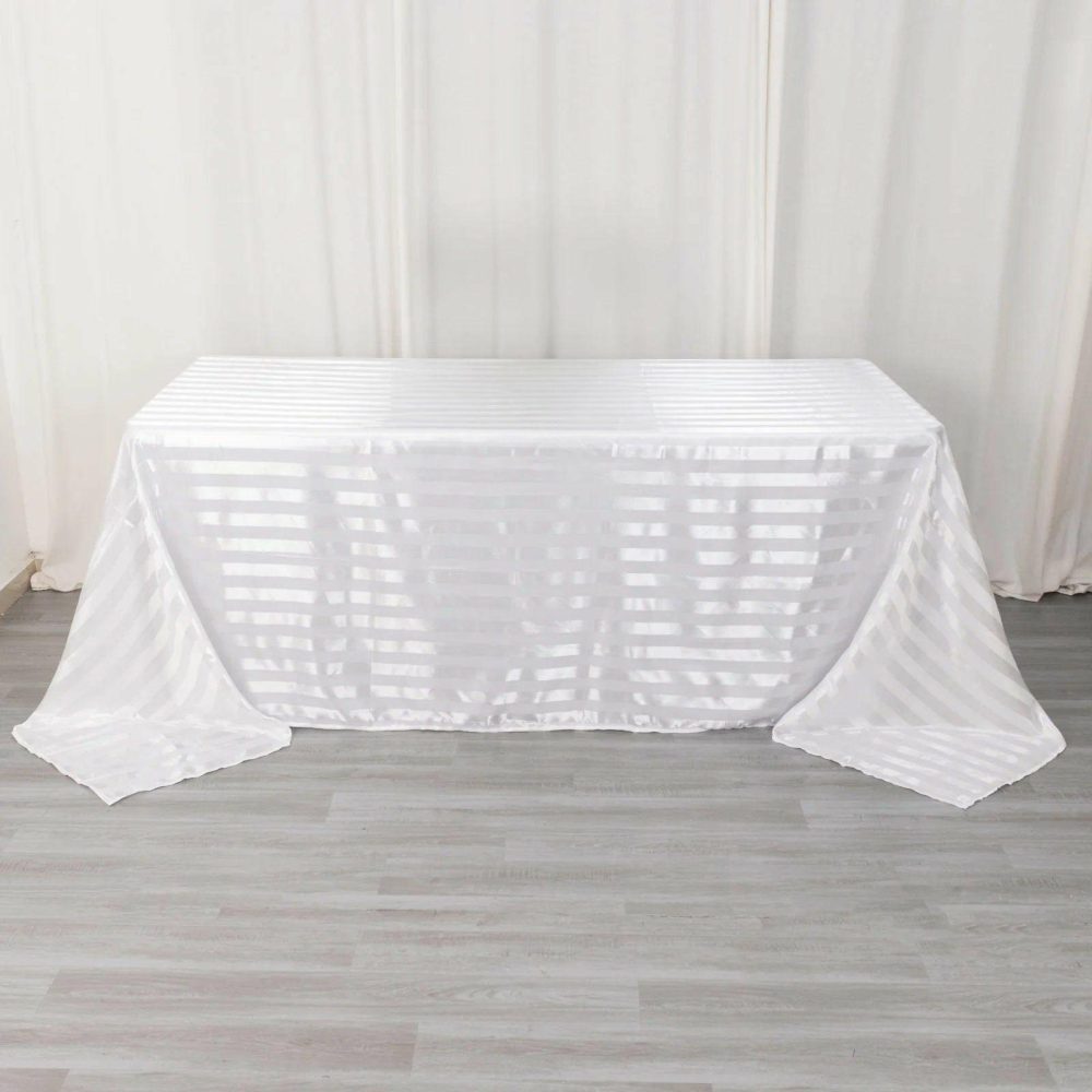 White Satin Stripe Seamless Rectangular Tablecloth 90″x132″ for 6 Foot Table With Floor-Length Drop  |   Satin Satin Satin