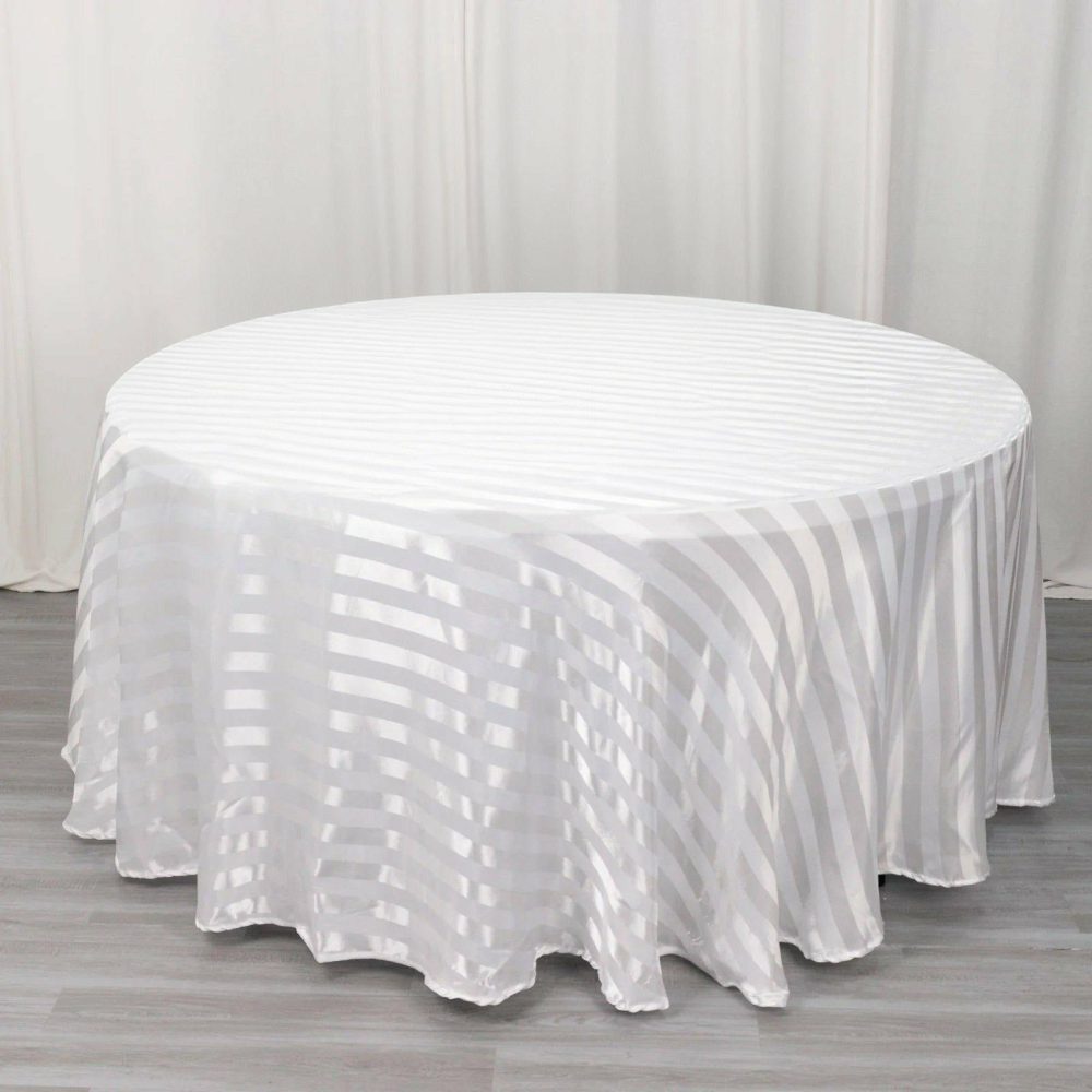 White Satin Stripe Seamless Round Tablecloth 120″ for 5 Foot Table With Floor-Length Drop  |   Satin Satin Satin