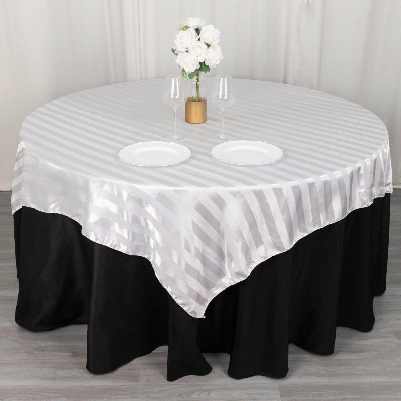 White Satin Stripe Square Table Overlay, Smooth Elegant Table Topper 72″x72″  |   Satin & Taffeta Satin & Taffeta Satin & Taffeta