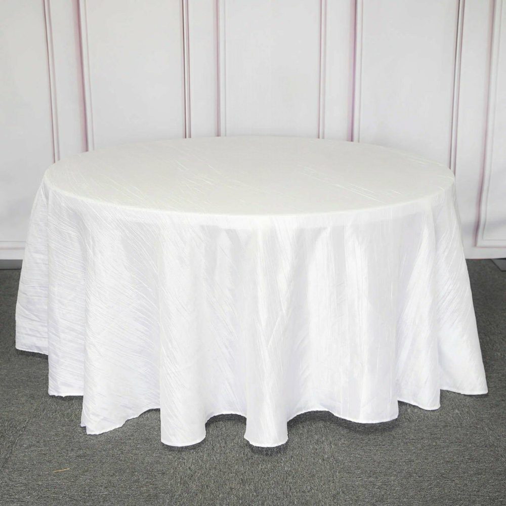 White Seamless Accordion Crinkle Taffeta Round Tablecloth 120″ for 5 Foot Table With Floor-Length Drop  |   Pintuck, Crinkle & Leaf Pintuck, Crinkle & Leaf Pintuck, Crinkle & Leaf