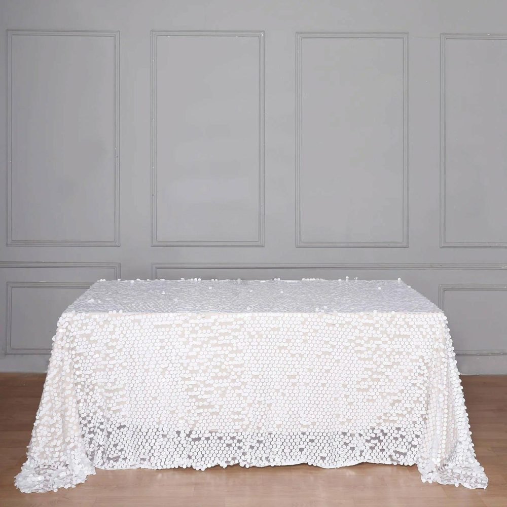 White Seamless Big Payette Sequin Rectangle Tablecloth 90″x132″ for 6 Foot Table With Floor-Length Drop  |   Sequin Sequin Sequin