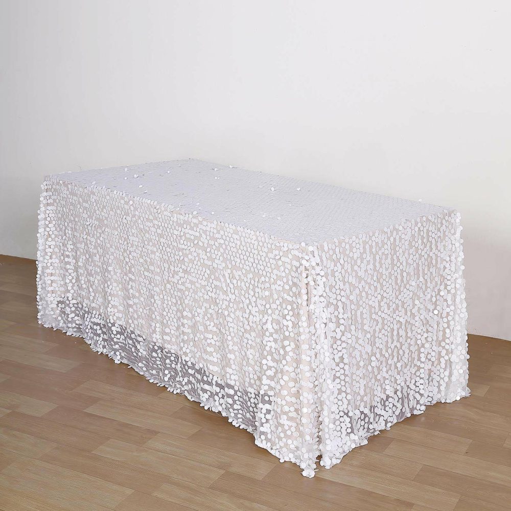 White Seamless Big Payette Sequin Rectangle Tablecloth Premium 90″x156″ for 8 Foot Table With Floor-Length Drop  |   Sequin Sequin Sequin