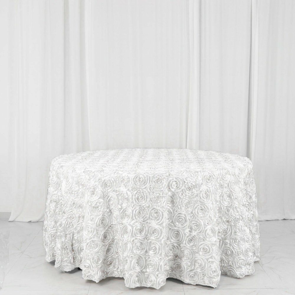 White Seamless Grandiose 3D Rosette Satin Round Tablecloth 120″ for 5 Foot Table With Floor-Length Drop  |   Rosette Rosette Rosette