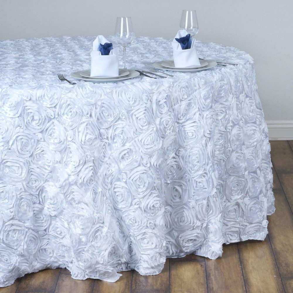 White Seamless Grandiose Rosette 3D Satin Round Tablecloth 132″ for 6 Foot Table With Floor-Length Drop  |   Rosette Tablecloths Rosette