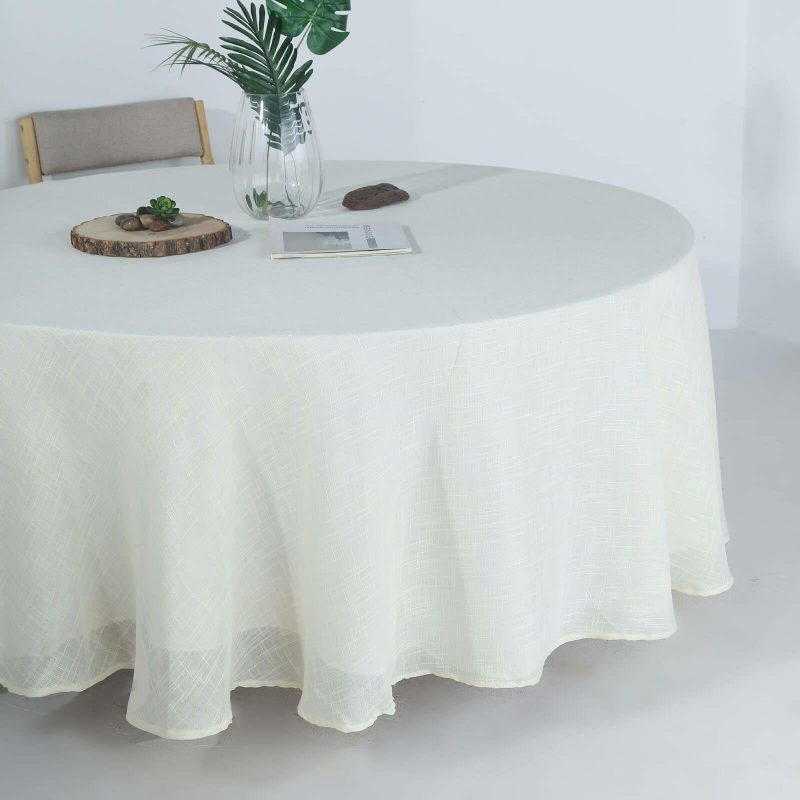 White Seamless Linen Round Tablecloth, Slubby Textured Wrinkle Resistant Tablecloth 108″  |   Jute Burlap & Lace Jute Burlap & Lace Jute Burlap & Lace