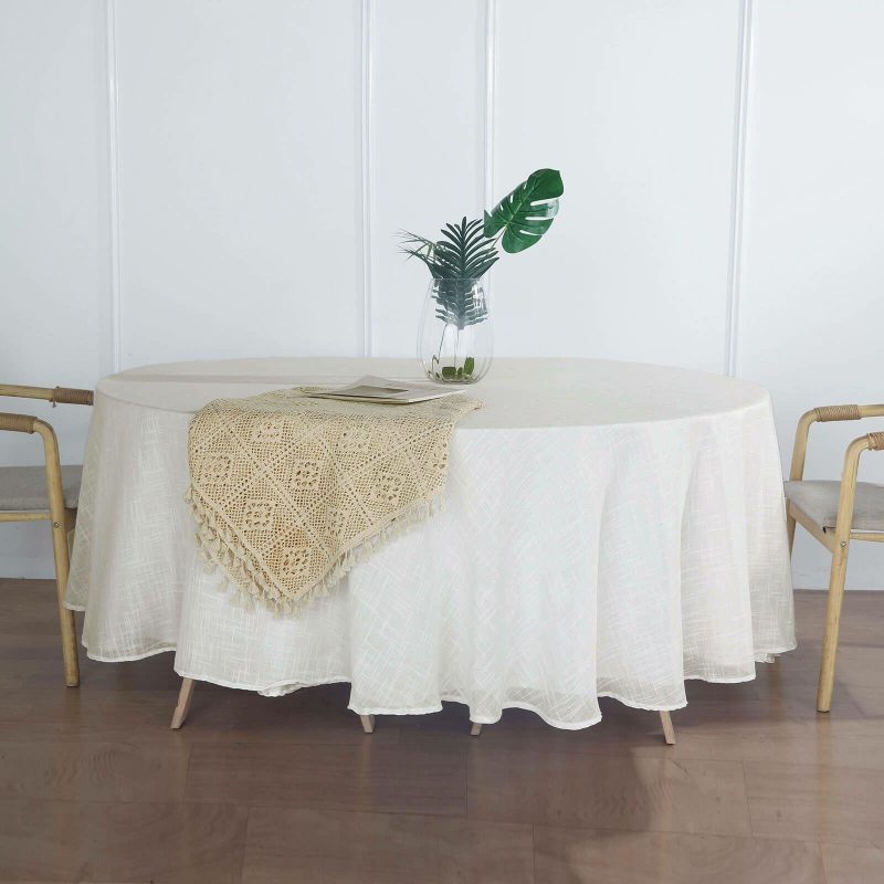 White Seamless Linen Round Tablecloth, Slubby Textured Wrinkle Resistant Tablecloth 108″  |   Jute Burlap & Lace Jute Burlap & Lace Jute Burlap & Lace