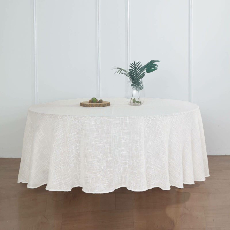 White Seamless Linen Round Tablecloth, Slubby Textured Wrinkle Resistant Tablecloth 108″  |   Jute Burlap & Lace Jute Burlap & Lace Jute Burlap & Lace