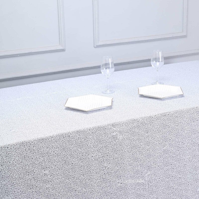 White Seamless Premium Sequin Rectangle Tablecloth 90×156″ for 8 Foot Table With Floor-Length Drop  |   Sequin Sequin Sequin