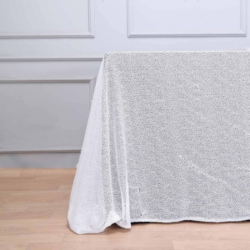 White Seamless Premium Sequin Rectangle Tablecloth 90×156″ for 8 Foot Table With Floor-Length Drop  |   Sequin Sequin Sequin