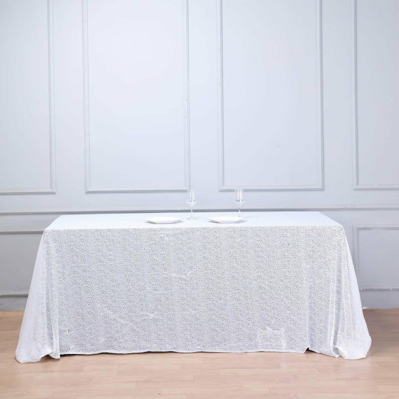 White Seamless Premium Sequin Rectangle Tablecloth 90×156″ for 8 Foot Table With Floor-Length Drop  |   Sequin Sequin Sequin