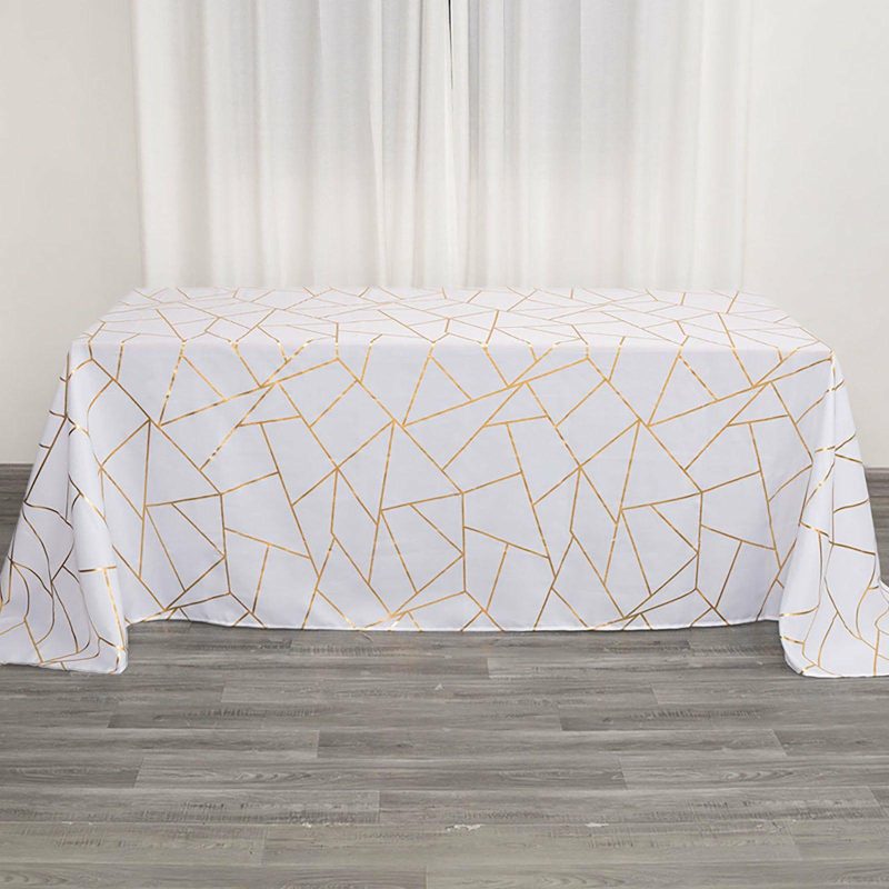 White Seamless Rectangle Polyester Tablecloth With Gold Foil Geometric Pattern 90″x132″ for 6 Foot Table With Floor-Length Drop  |   Polyester Polyester Polyester