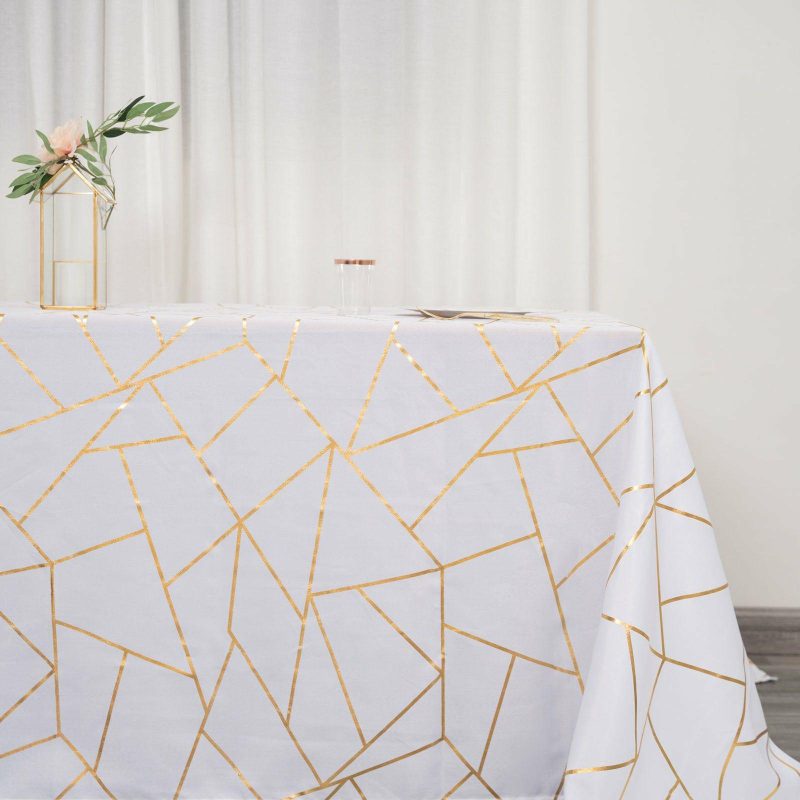 White Seamless Rectangle Polyester Tablecloth With Gold Foil Geometric Pattern 90″x132″ for 6 Foot Table With Floor-Length Drop  |   Polyester Polyester Polyester