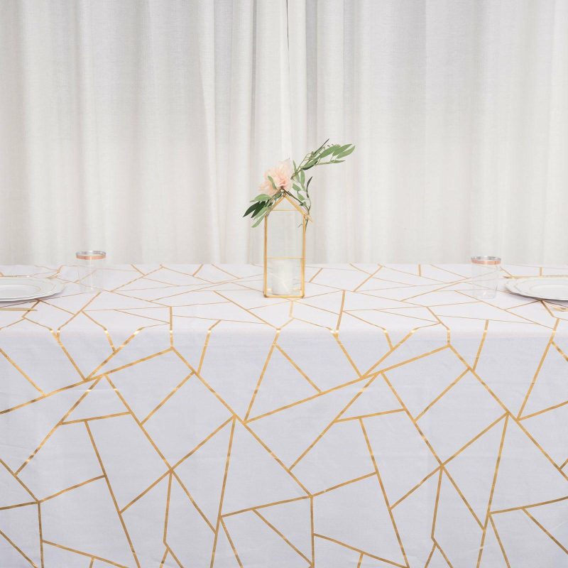 White Seamless Rectangle Polyester Tablecloth With Gold Foil Geometric Pattern 90″x132″ for 6 Foot Table With Floor-Length Drop  |   Polyester Polyester Polyester