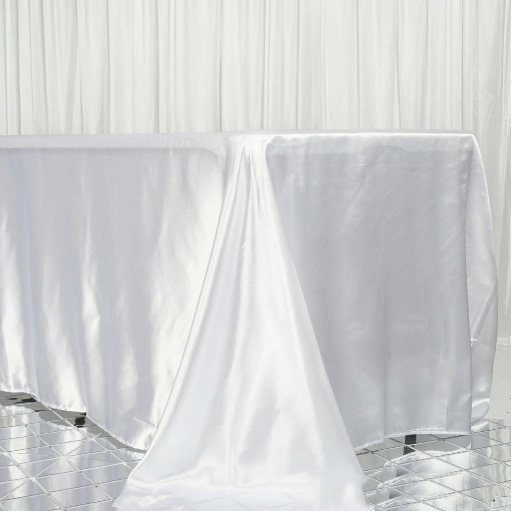 White Seamless Satin Rectangular Tablecloth 90″x156″ for 8 Foot Table With Floor-Length Drop  |   Satin Satin Satin