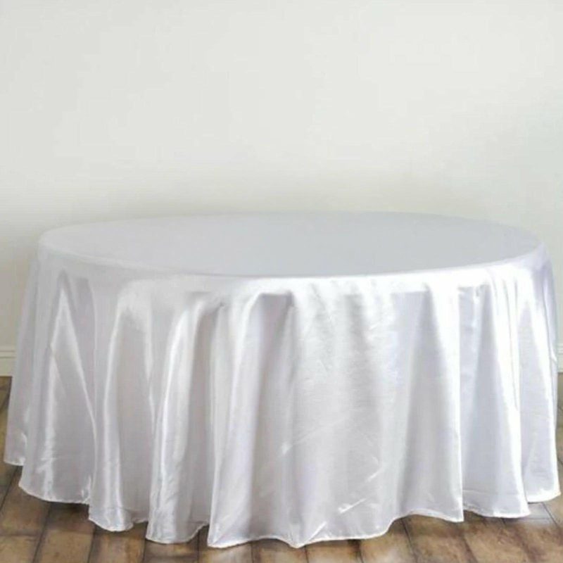 White Seamless Satin Round Tablecloth 120″ for 5 Foot Table With Floor-Length Drop  |   Satin Satin Satin