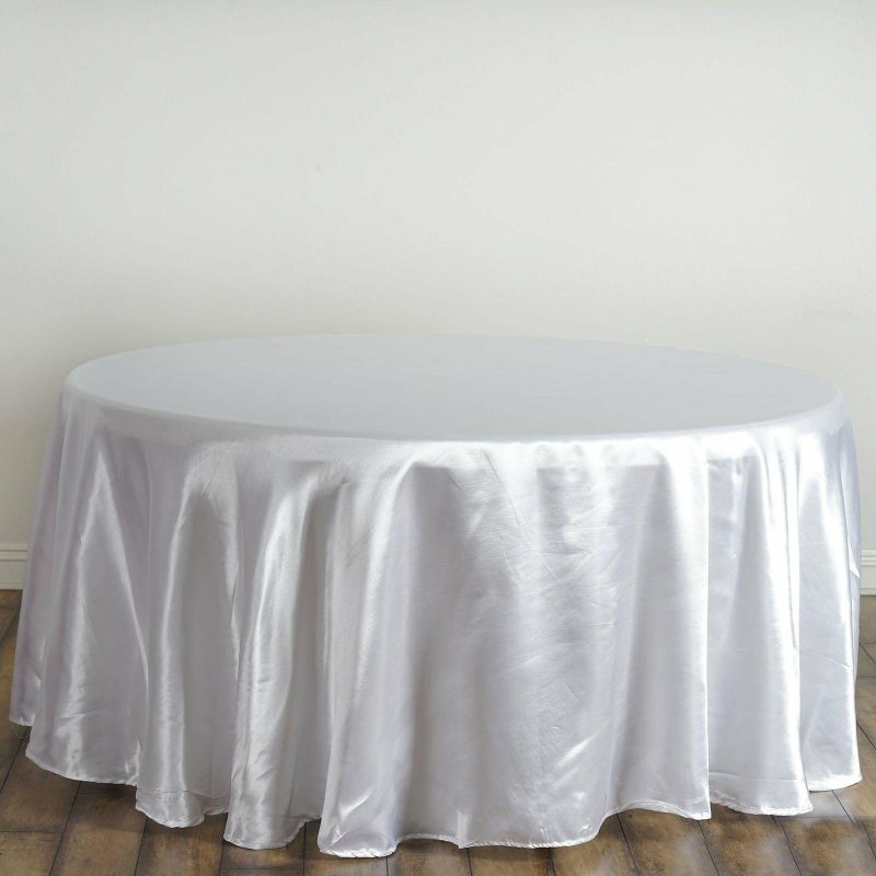 White Seamless Satin Round Tablecloth 120″ for 5 Foot Table With Floor-Length Drop  |   Satin Satin Satin